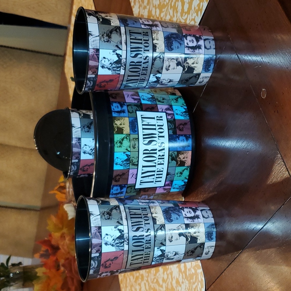 Taylor Swift Eras Cinemark popcorn bucket, 6 metallic cups